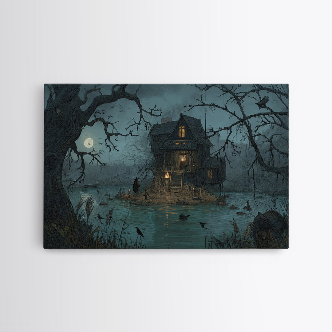 The Foggy Swamp Shack, Baroque Witchcraft Art, Landscape Wall Art, Gothic Horror Wall Art, Canvas Print, Halloween Wall Art