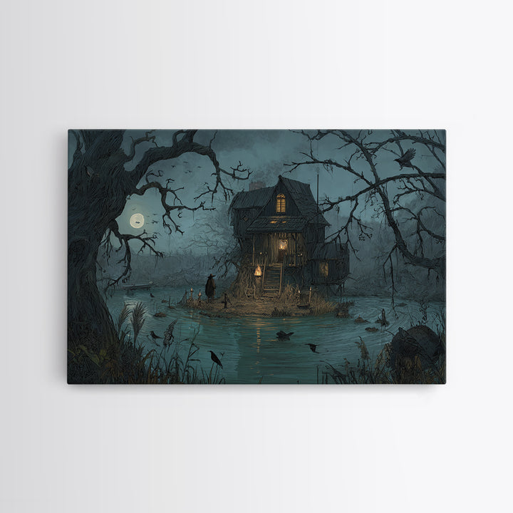 The Foggy Swamp Shack, Baroque Witchcraft Art, Landscape Wall Art, Gothic Horror Wall Art, Canvas Print, Halloween Wall Art