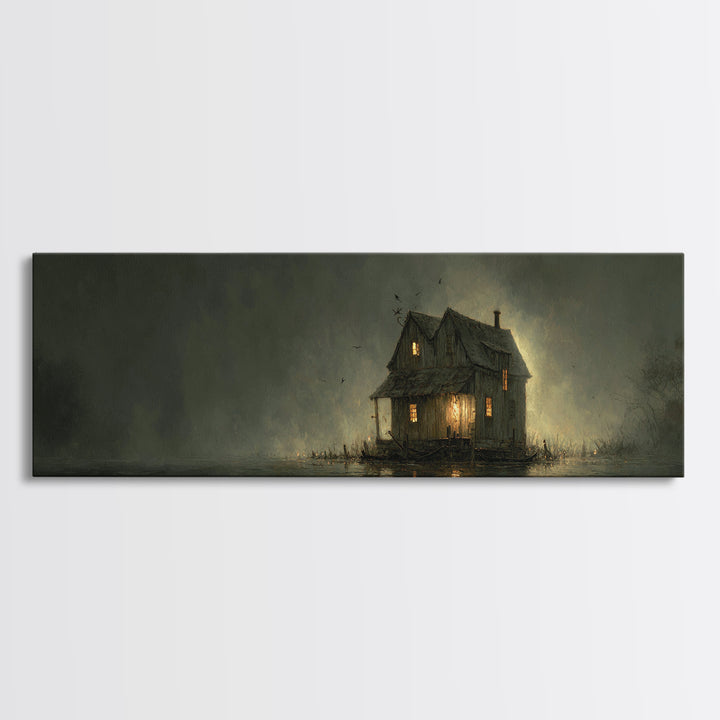 The Foggy Swamp Shack, Dark Romantic Horror Art, Extra Wide Wall Art, Macabre Wall Art, Canvas Print, Halloween Wall Art