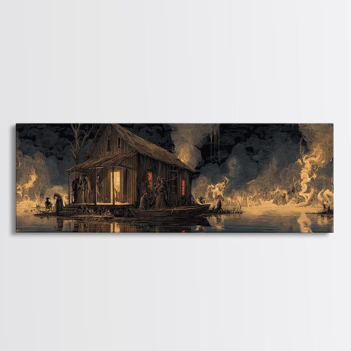 The Foggy Swamp Shack, Visionary Gothic Art, Extra Wide Wall Art, Dark Halloween Decor, Framed Canvas Print, Halloween Wall Art
