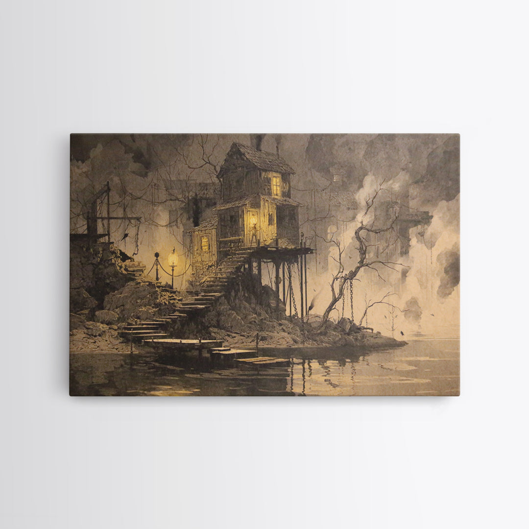 The Foggy Swamp Shack, Architectural Etching Art, Landscape Wall Art, Gothic Horror Wall Art, Canvas Print, Halloween Wall Art