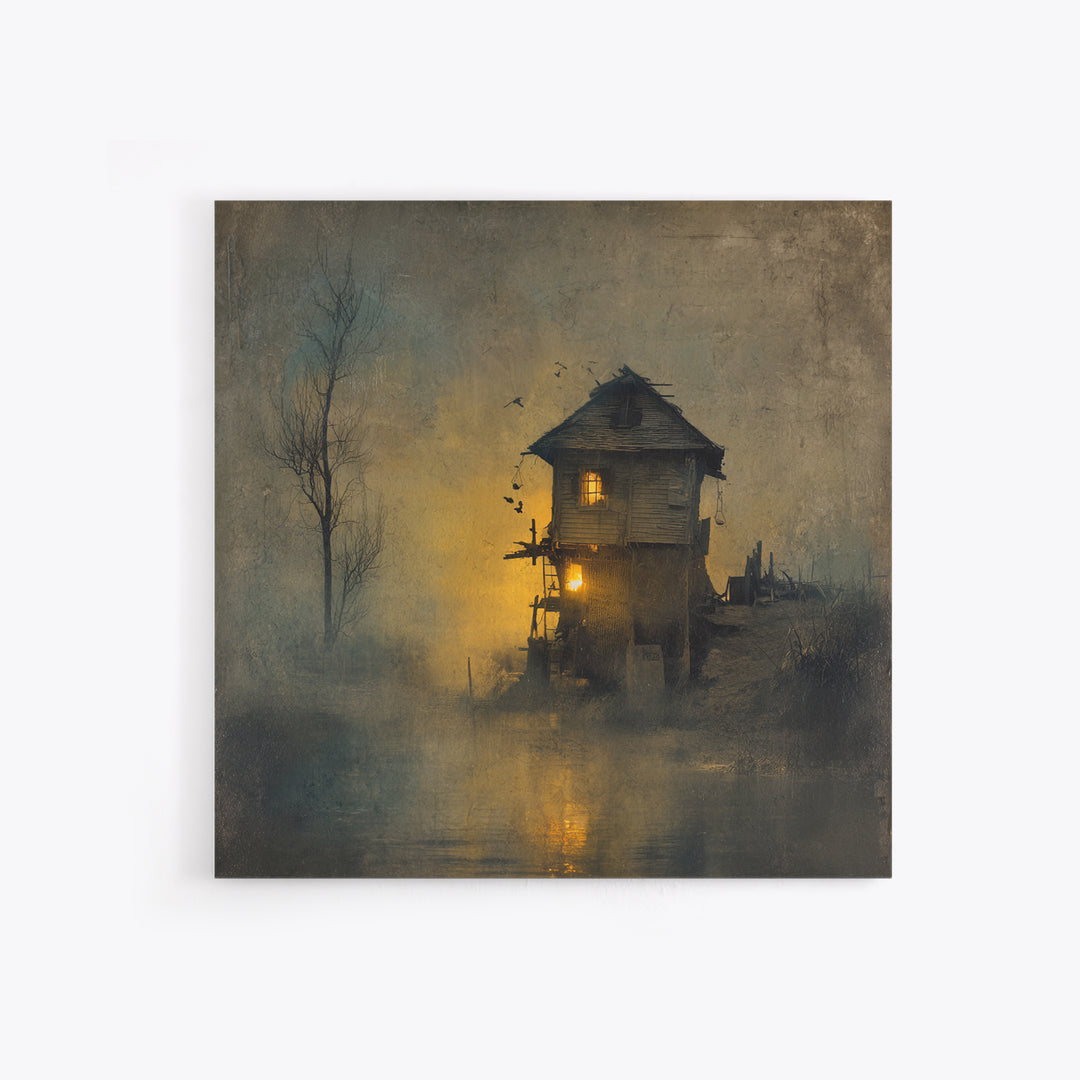 The Foggy Swamp Shack, Symbolist Dream Art, Square Wall Art, Dark Fantasy Wall Art, Canvas Print, Halloween Wall Art, Macabre Wall Art