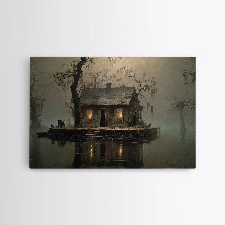 The Foggy Swamp Shack, Symbolist Gothic Landscape, Landscape Wall Art, Macabre Wall Art, Canvas Print, Halloween Wall Art