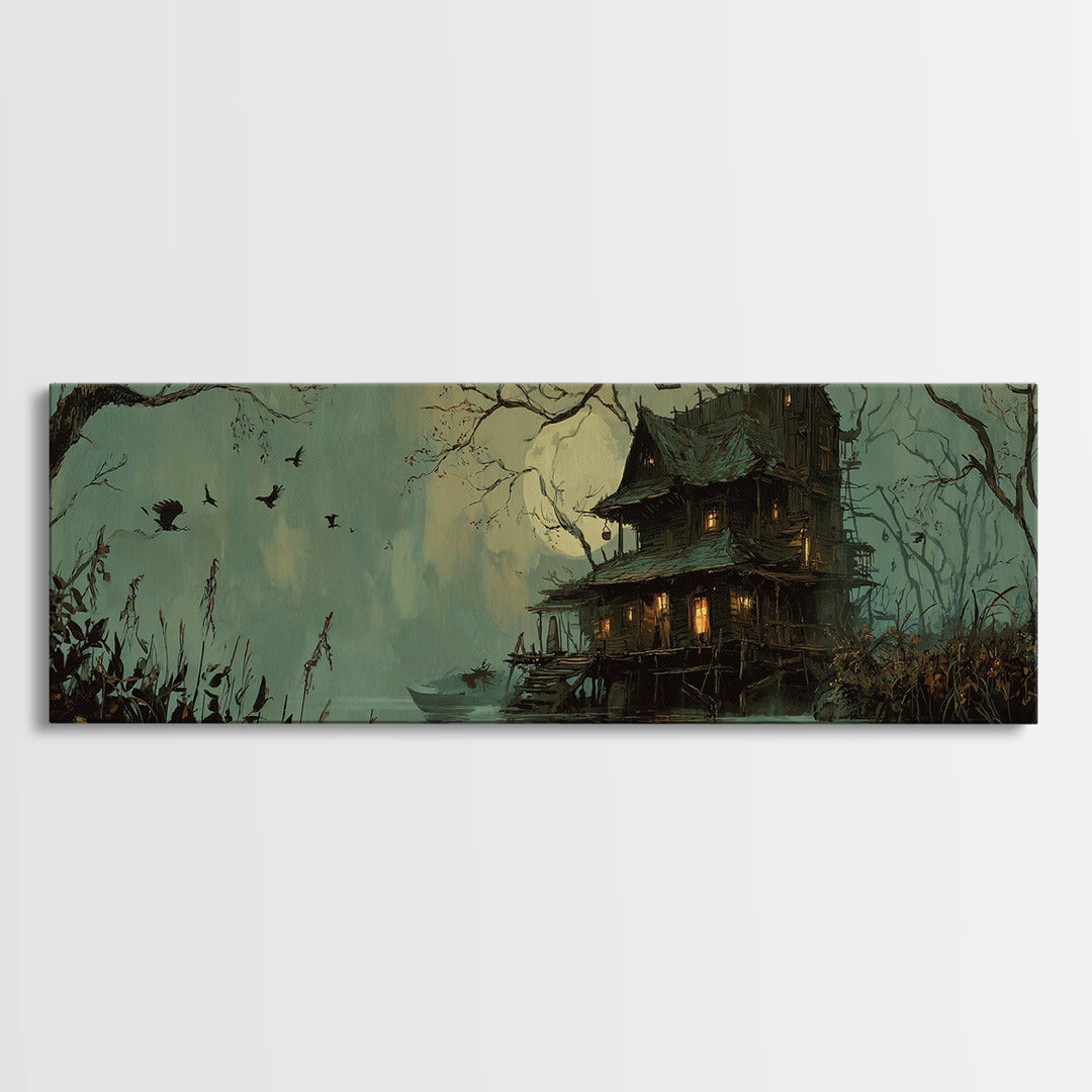 The Foggy Swamp Shack, Decadent Gothic Art, Extra Wide Wall Art, Macabre Wall Art, Framed Canvas Print, Halloween Wall Art
