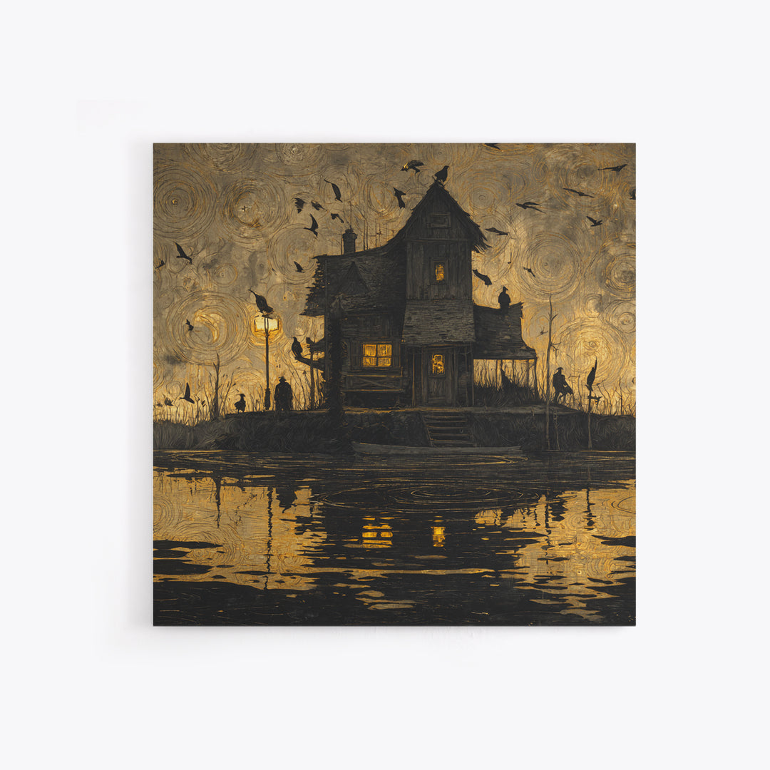 The Foggy Swamp Shack, Dark Symbolist Art, Square Wall Art, Macabre Wall Art, Framed Canvas Print, Halloween Wall Art