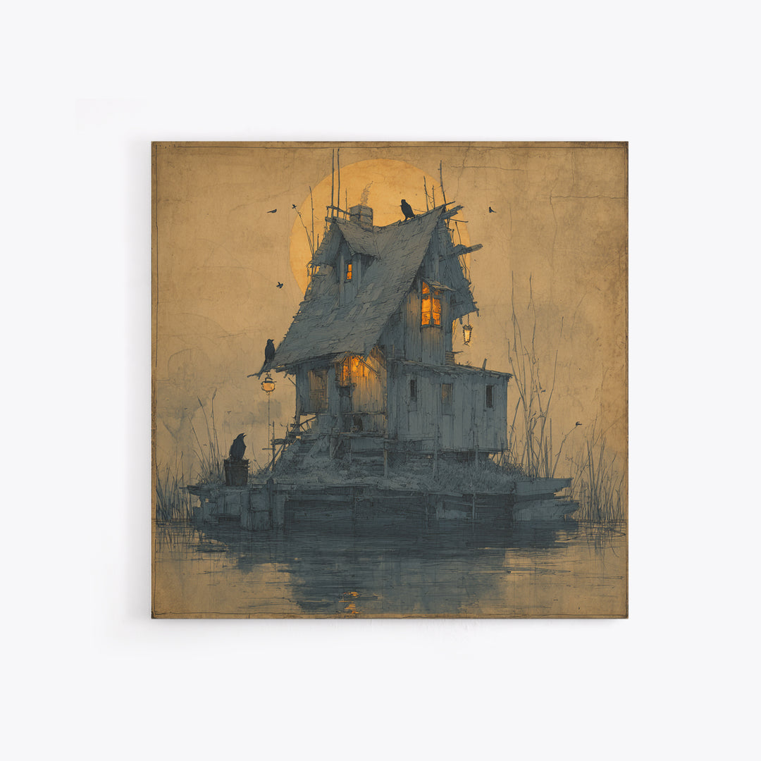 The Foggy Swamp Shack, Symbolist Etching Art, Square Wall Art, Dark Halloween Decor, Framed Canvas Print, Halloween Wall Art