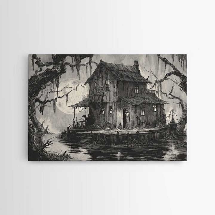 The Foggy Swamp Shack, Expressionist Nightmare Art, Landscape Wall Art, Gothic Horror Wall Art, Canvas Print, Halloween Wall Art