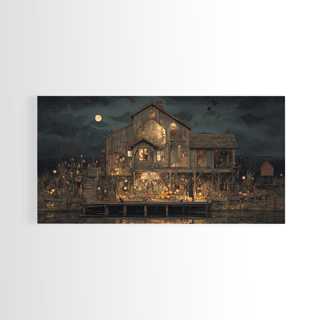 The Foggy Swamp Shack, Grotesque Carnival Art, Wide Panoramic Art, Gothic Horror Wall Art, Framed Canvas Print, Halloween Wall Art