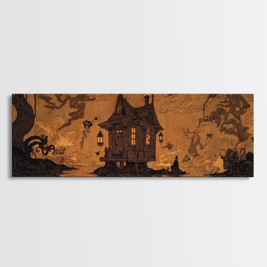 The Foggy Swamp Shack, Decadent Line Art, Extra Wide Wall Art, Dark Fantasy Wall Art, Framed Canvas Print, Halloween Wall Art