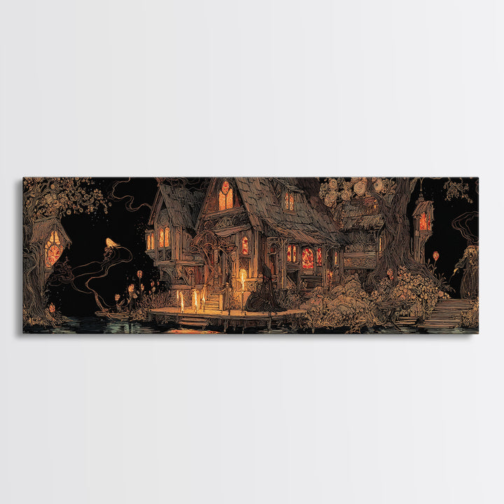 The Foggy Swamp Shack, Stained Glass Gothic Art, Extra Wide Wall Art, Macabre Wall Art, Framed Canvas Print, Halloween Wall Art
