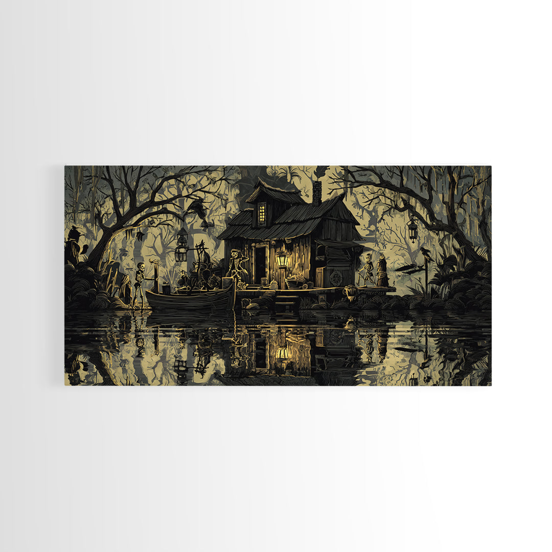 The Foggy Swamp Shack, Macabre Folk Print Art, Wide Panoramic Art, Gothic Horror Wall Art, Canvas Print, Halloween Wall Art