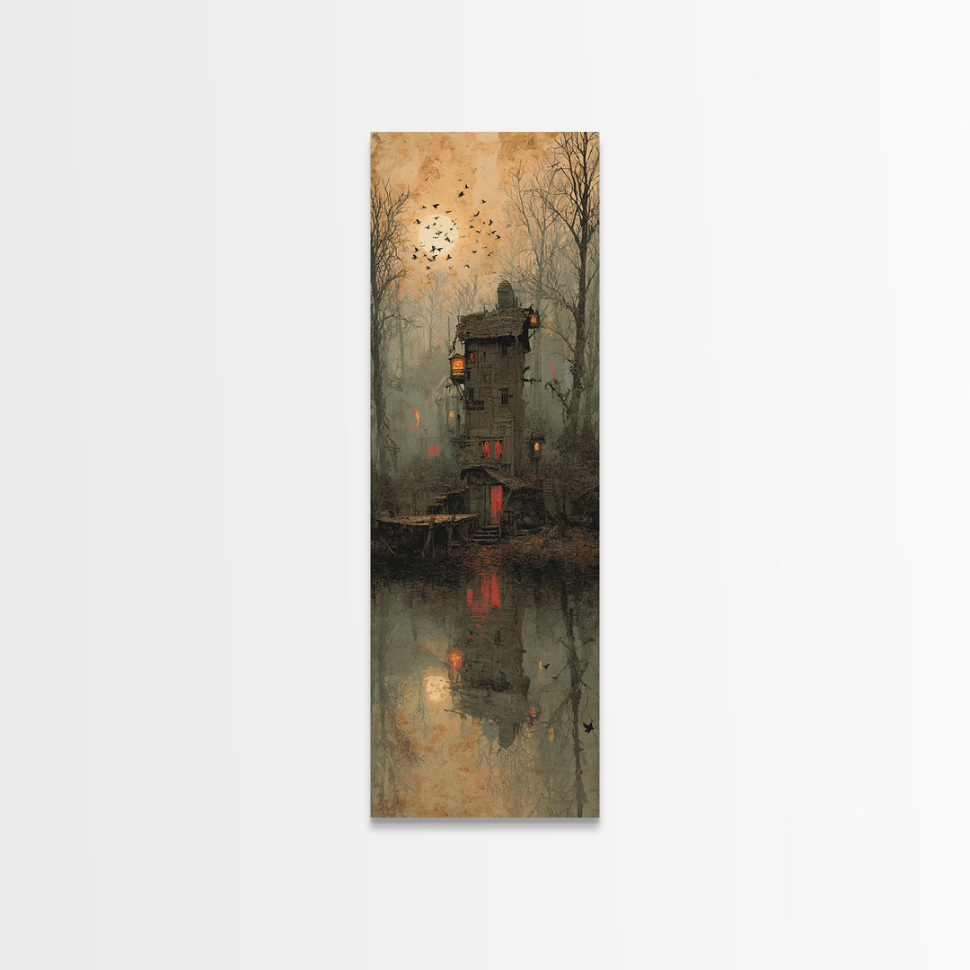 The Foggy Swamp Shack, Surreal Apocalyptic Art, Tall Narrow Wall Art, Gothic Horror Wall Art, Canvas Print, Halloween Wall Art