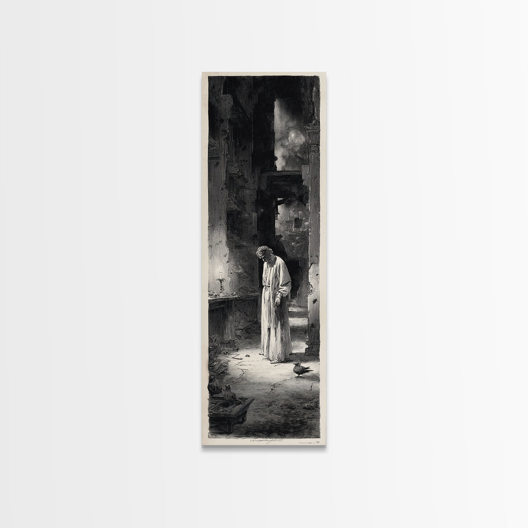 The Derelict Asylum, Gothic Engraving Art, Tall Narrow Wall Art, Dark Halloween Decor, Framed Canvas Print, Halloween Wall Art