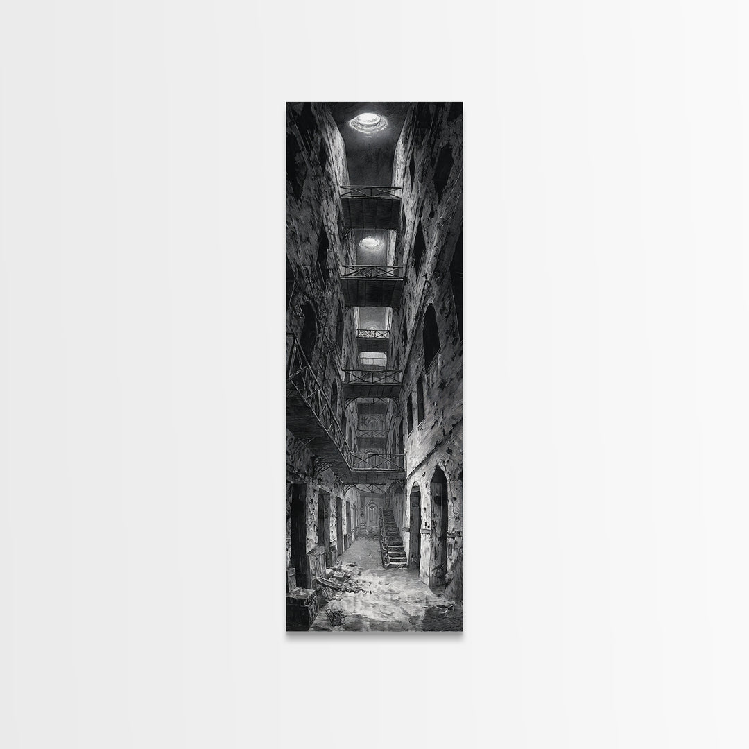 The Derelict Asylum, Architectural Etching Art, Tall Narrow Wall Art, Gothic Horror Wall Art, Canvas Print, Halloween Wall Art