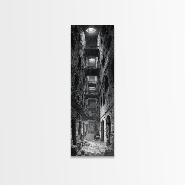 The Derelict Asylum, Architectural Etching Art, Tall Narrow Wall Art, Gothic Horror Wall Art, Canvas Print, Halloween Wall Art