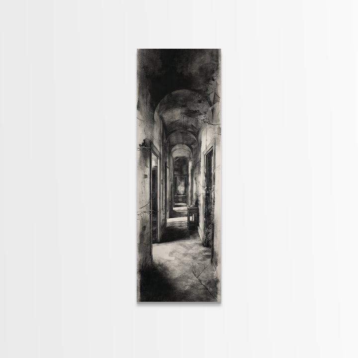 The Derelict Asylum, Symbolist Dream Art, Tall Narrow Wall Art, Gothic Horror Wall Art, Framed Canvas Print, Halloween Wall Art