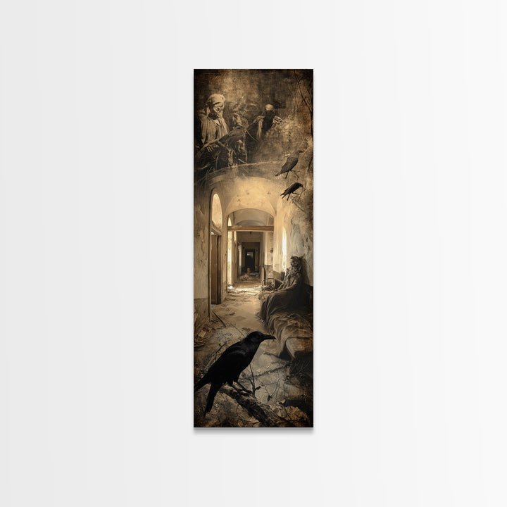 The Derelict Asylum, Symbolist Etching Art, Tall Narrow Wall Art, Dark Halloween Decor, Framed Canvas Print, Halloween Wall Art