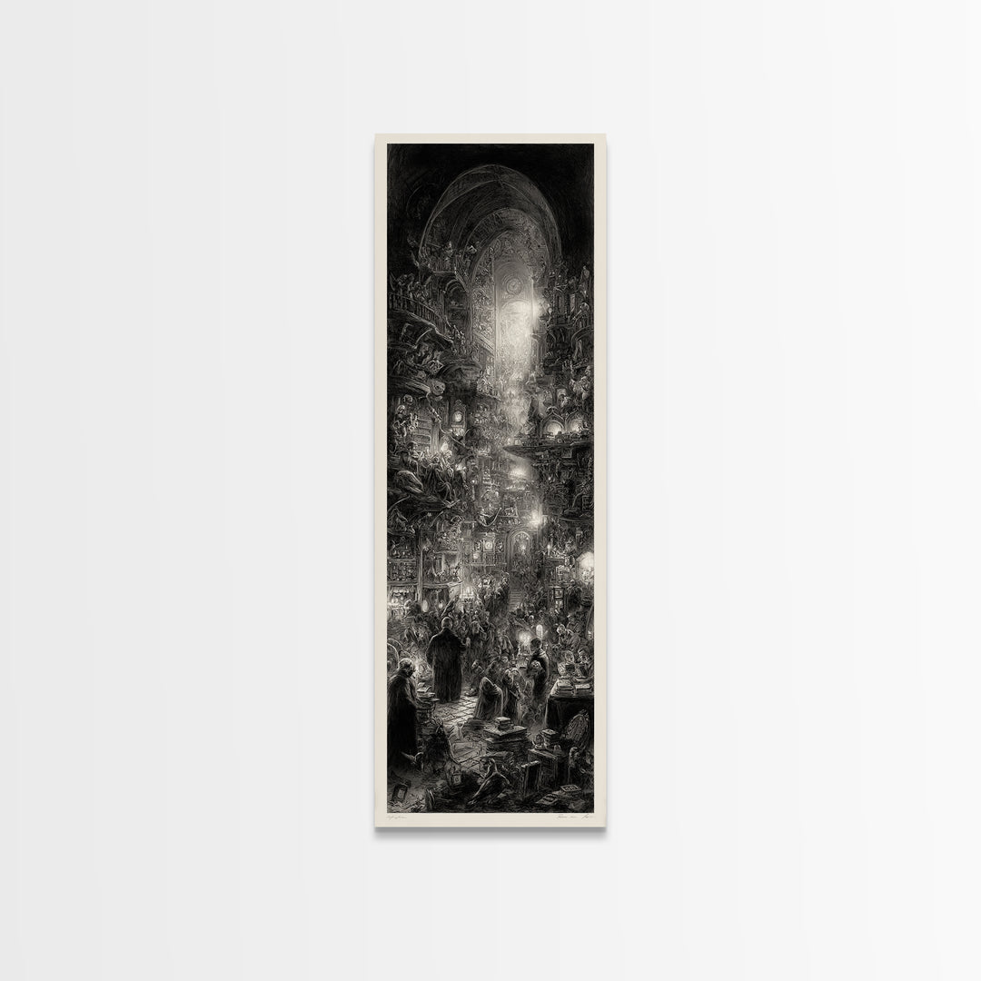 The Midnight Antique Shop, Gothic Engraving Art, Tall Narrow Wall Art, Dark Fantasy Wall Art, Framed Canvas Print, Halloween Wall Art