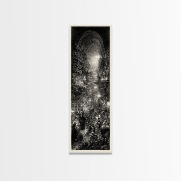 The Midnight Antique Shop, Gothic Engraving Art, Tall Narrow Wall Art, Dark Fantasy Wall Art, Framed Canvas Print, Halloween Wall Art