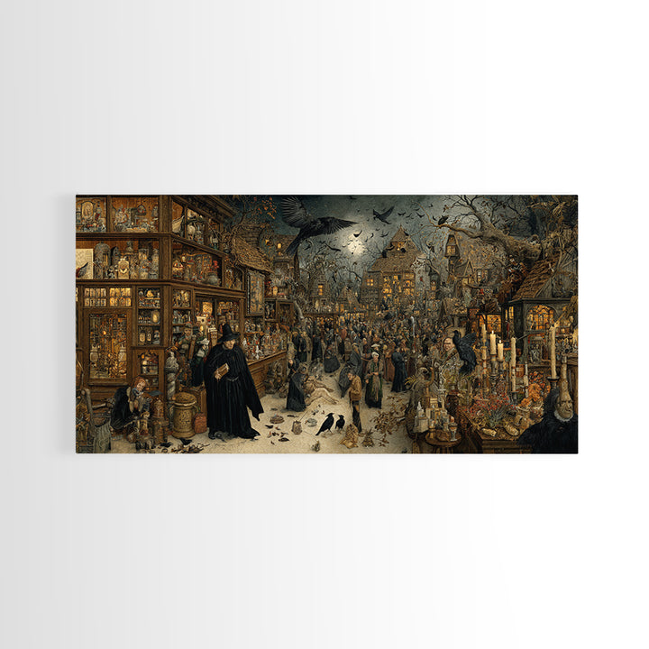 The Midnight Antique Shop, Northern Renaissance Horror, Wide Panoramic Art, Gothic Horror Wall Art, Canvas Print