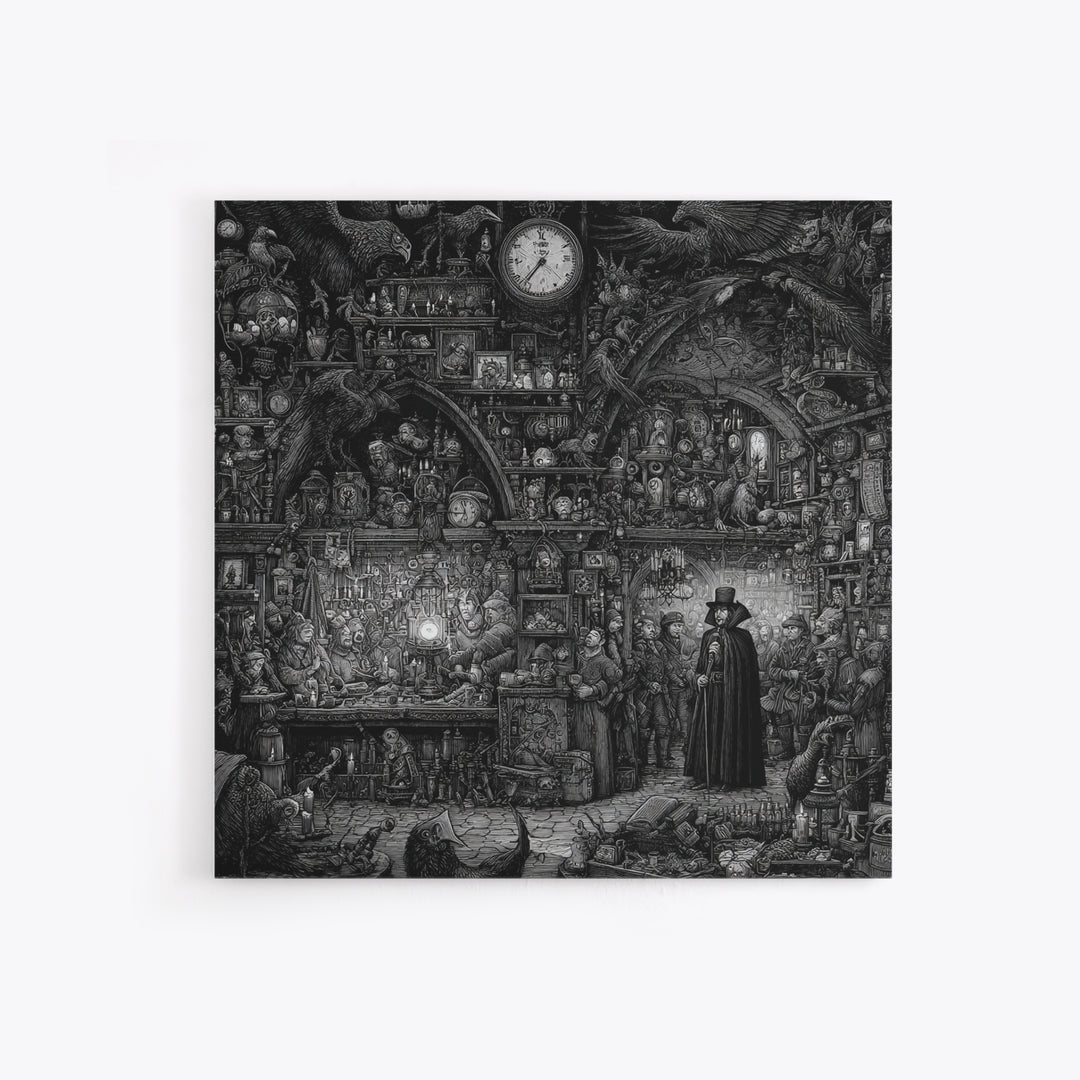 The Midnight Antique Shop, Renaissance Engraving Art, Square Wall Art, Dark Fantasy Wall Art, Framed Canvas Print, Halloween Wall Art