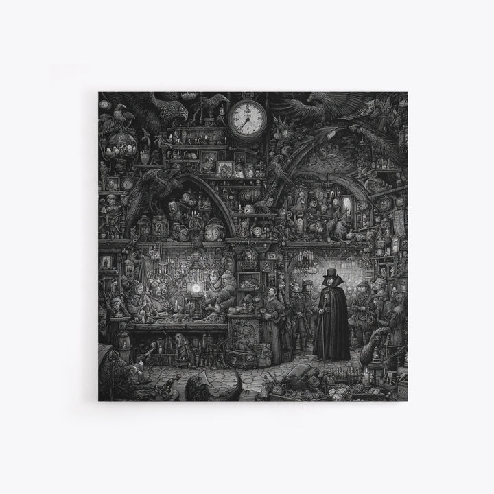 The Midnight Antique Shop, Renaissance Engraving Art, Square Wall Art, Dark Fantasy Wall Art, Framed Canvas Print, Halloween Wall Art