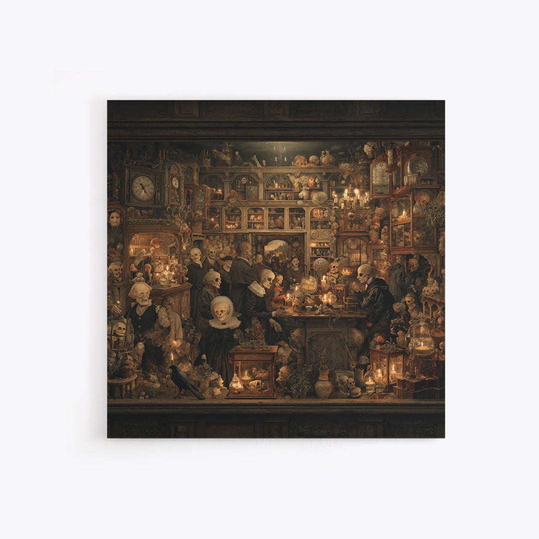 The Midnight Antique Shop, Danse Macabre Art, Square Wall Art, Dark Halloween Decor, Canvas Print, Halloween Wall Art