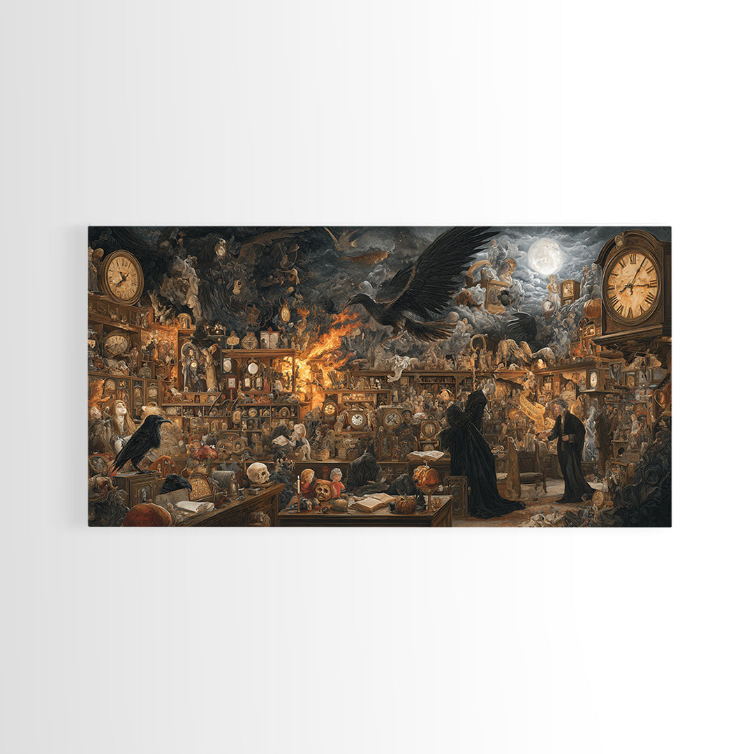 The Midnight Antique Shop, Visionary Gothic Art, Wide Panoramic Art, Gothic Horror Wall Art, Framed Canvas Print, Halloween Wall Art