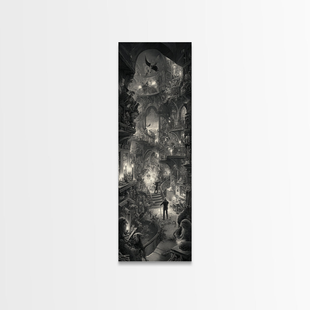 The Midnight Antique Shop, Architectural Etching Art, Tall Narrow Wall Art, Dark Halloween Decor, Canvas Print