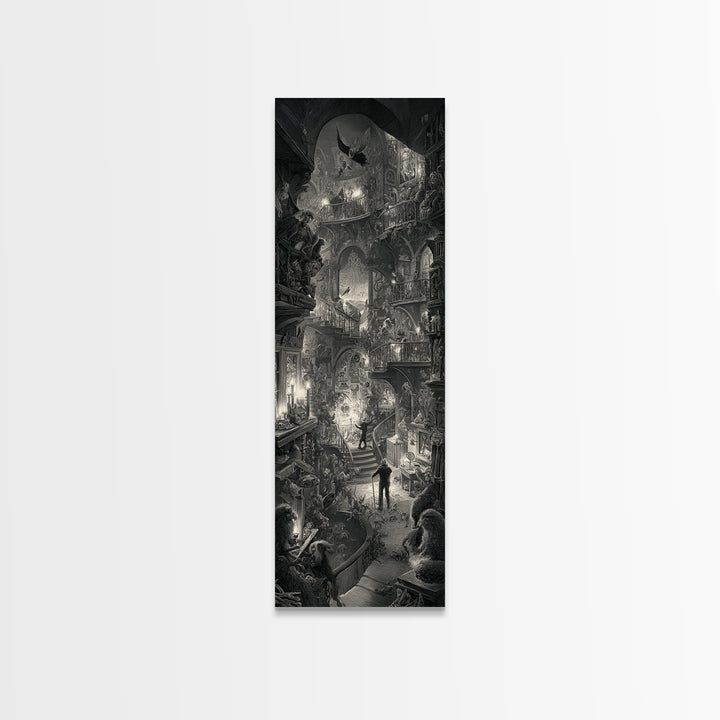 The Midnight Antique Shop, Architectural Etching Art, Tall Narrow Wall Art, Dark Halloween Decor, Canvas Print