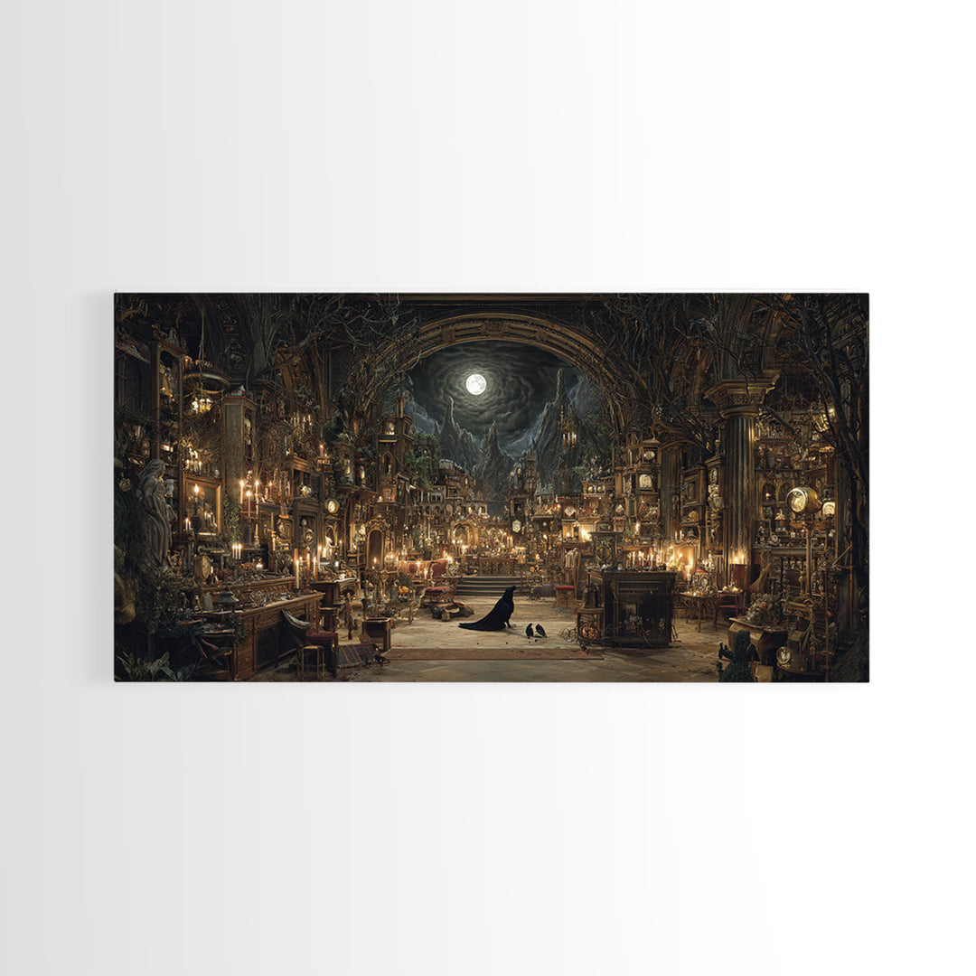 The Midnight Antique Shop, Apocalyptic Romantic Art, Wide Panoramic Art, Gothic Horror Wall Art, Canvas Print, Halloween Wall Art