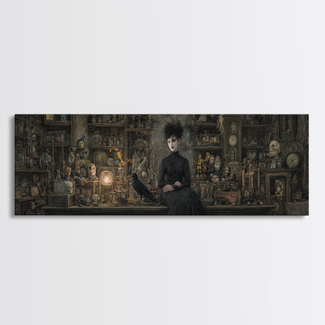 The Midnight Antique Shop, Symbolist Dream Art, Extra Wide Wall Art, Dark Fantasy Wall Art, Framed Canvas Print, Halloween Wall Art