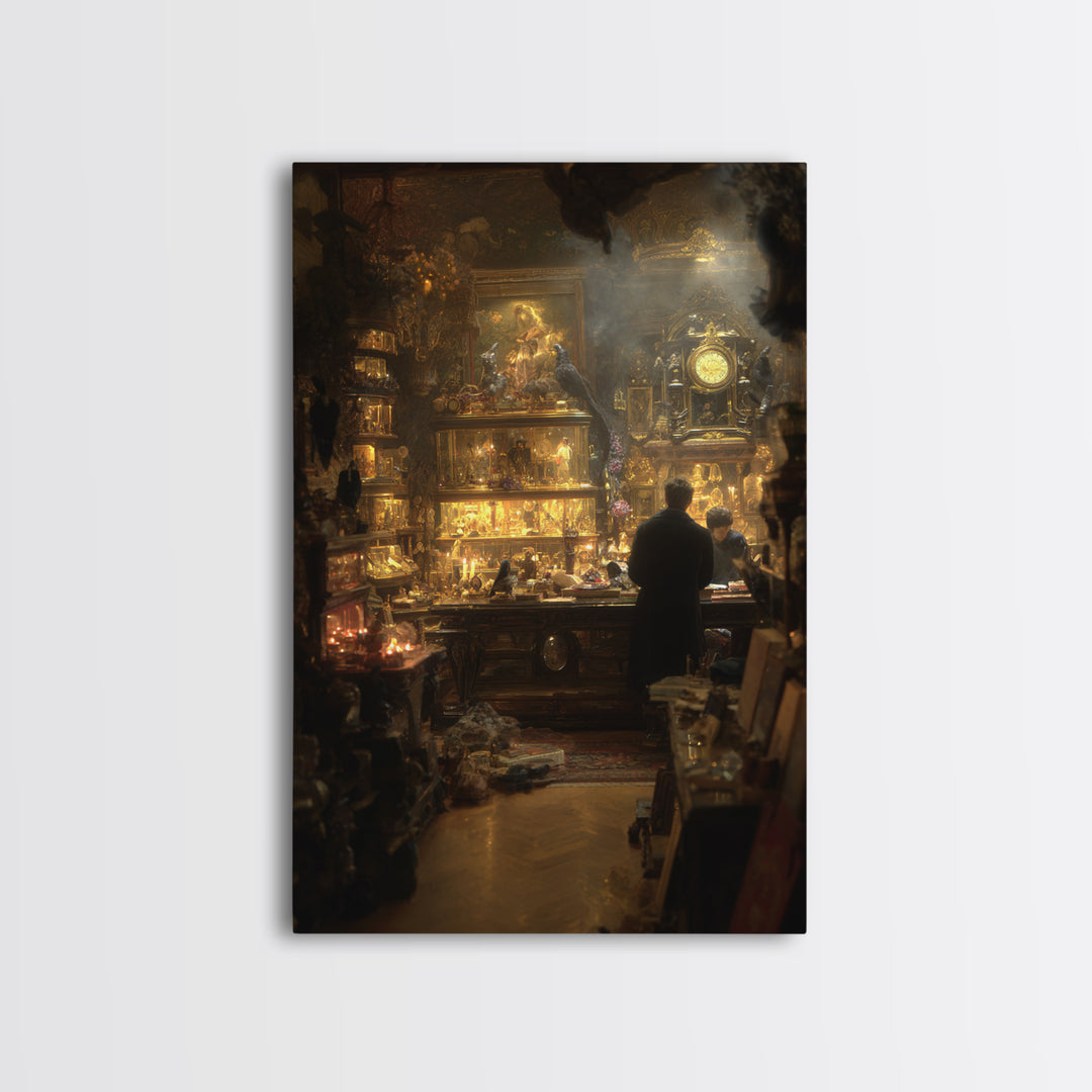 The Midnight Antique Shop, Ornate Symbolist Art, Vertical Wall Art, Dark Fantasy Wall Art, Framed Canvas Print, Halloween Wall Art
