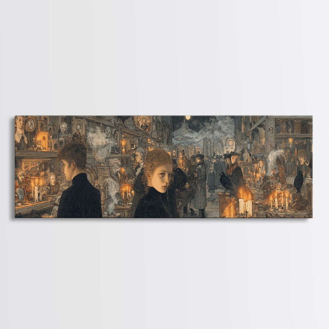 The Midnight Antique Shop, Symbolist Death Art, Extra Wide Wall Art, Macabre Wall Art, Canvas Print, Halloween Wall Art