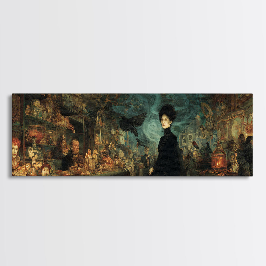 The Midnight Antique Shop, Expressionist Gothic Art, Extra Wide Wall Art, Dark Halloween Decor, Framed Canvas Print, Halloween Wall Art