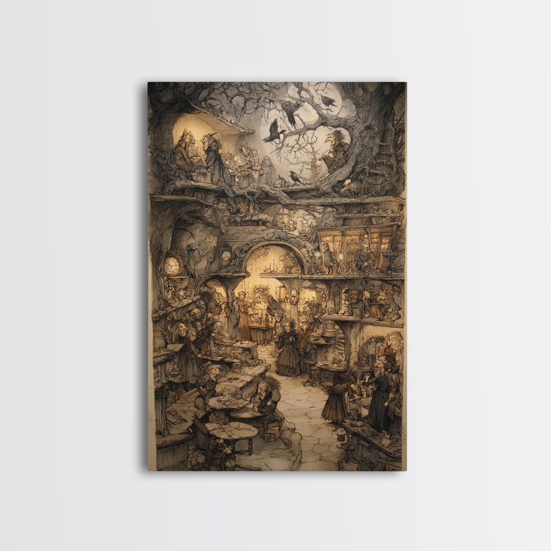 The Midnight Antique Shop, Gothic Storybook Art, Vertical Wall Art, Dark Fantasy Wall Art, Framed Canvas Print, Halloween Wall Art