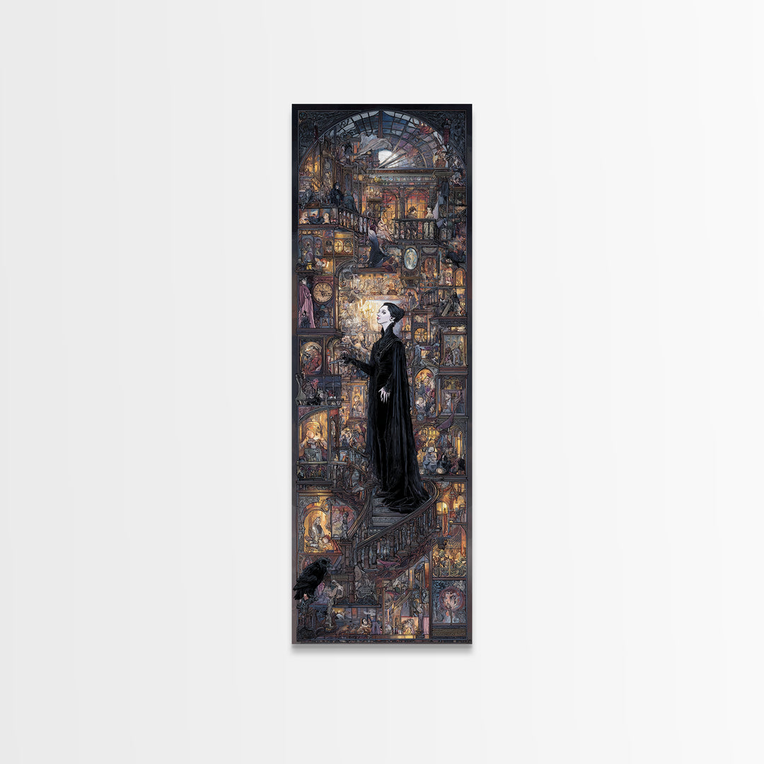 The Midnight Antique Shop, Stained Glass Gothic Art, Tall Narrow Wall Art, Macabre Wall Art, Framed Canvas Print, Halloween Wall Art