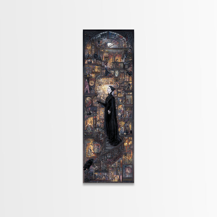 The Midnight Antique Shop, Stained Glass Gothic Art, Tall Narrow Wall Art, Macabre Wall Art, Framed Canvas Print, Halloween Wall Art