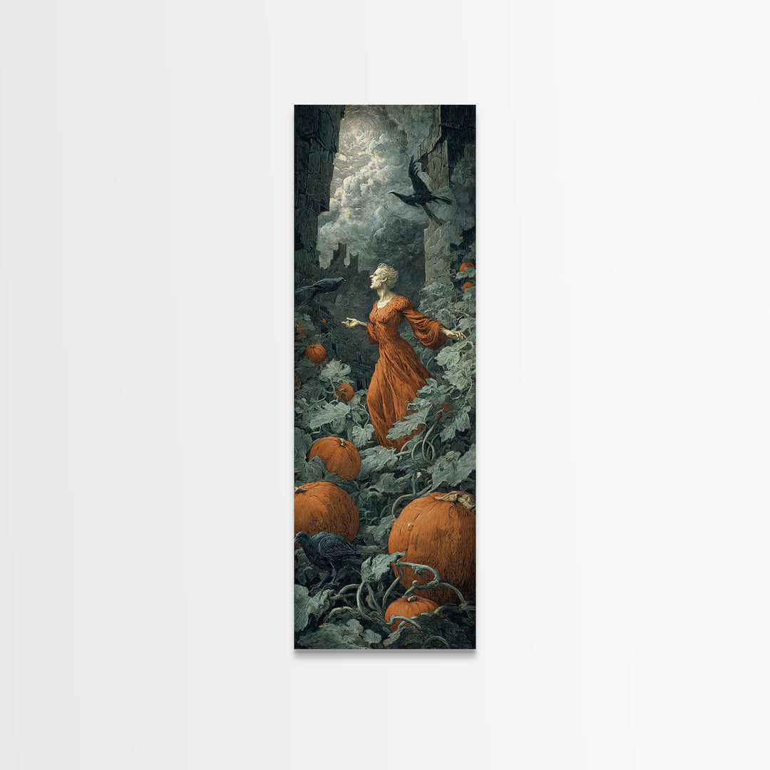 The Pumpkin Patch Maze, Gothic Engraving Art, Tall Narrow Wall Art, Macabre Wall Art, Framed Canvas Print, Halloween Wall Art