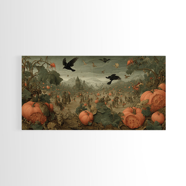 The Pumpkin Patch Maze, Northern Renaissance Horror, Wide Panoramic Art, Macabre Wall Art, Framed Canvas Print, Halloween Wall Art