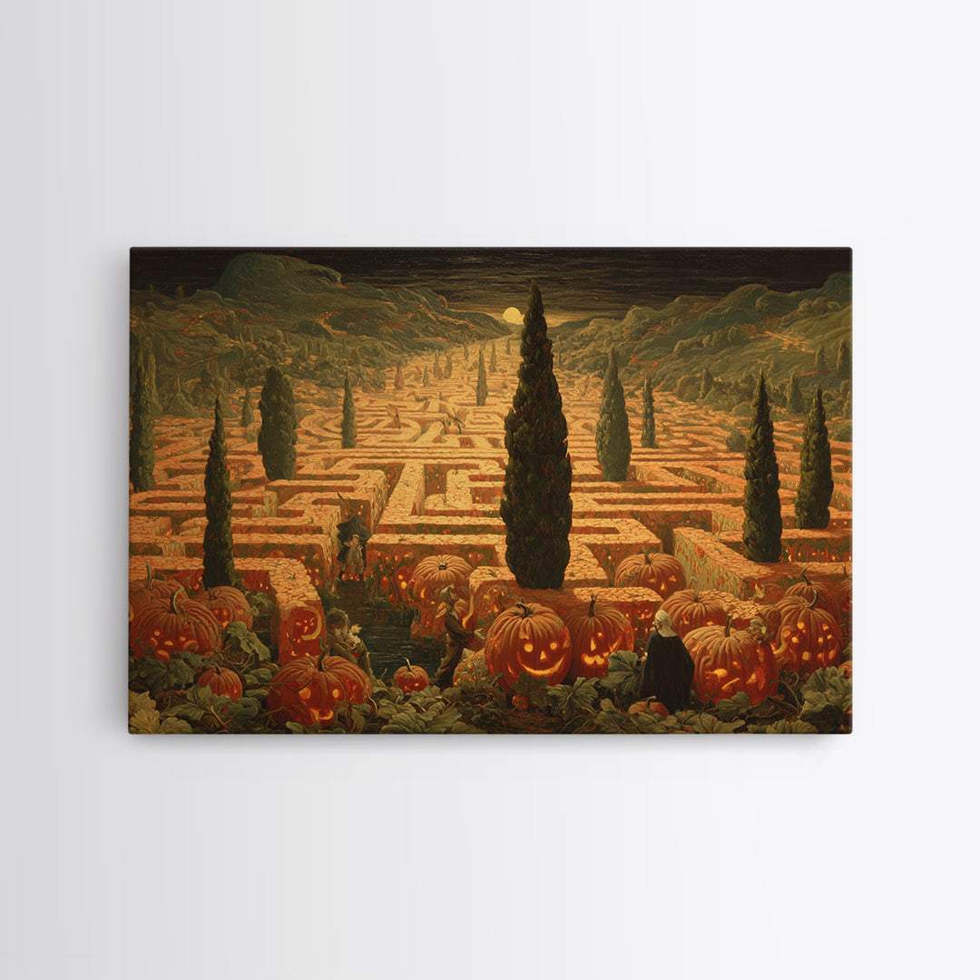 The Pumpkin Patch Maze, Symbolist Gothic Landscape, Landscape Wall Art, Dark Halloween Decor, Framed Canvas Print, Halloween Wall Art