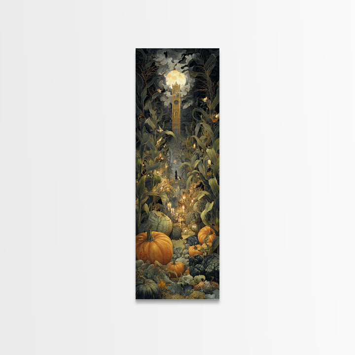 The Pumpkin Patch Maze, Ornate Symbolist Art, Tall Narrow Wall Art, Dark Halloween Decor, Canvas Print, Halloween Wall Art