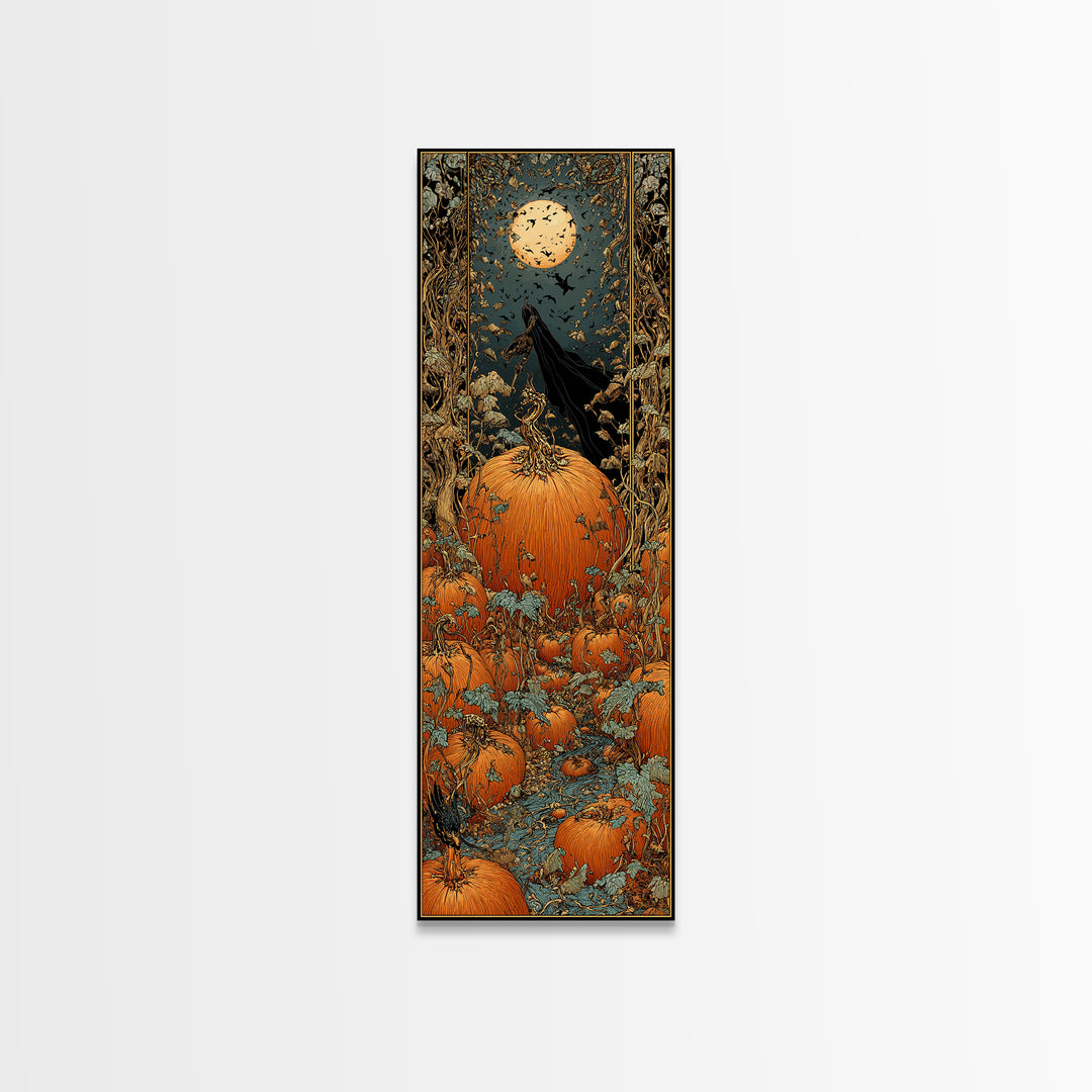 The Pumpkin Patch Maze, Stained Glass Gothic Art, Tall Narrow Wall Art, Gothic Horror Wall Art, Framed Canvas Print, Halloween Wall Art