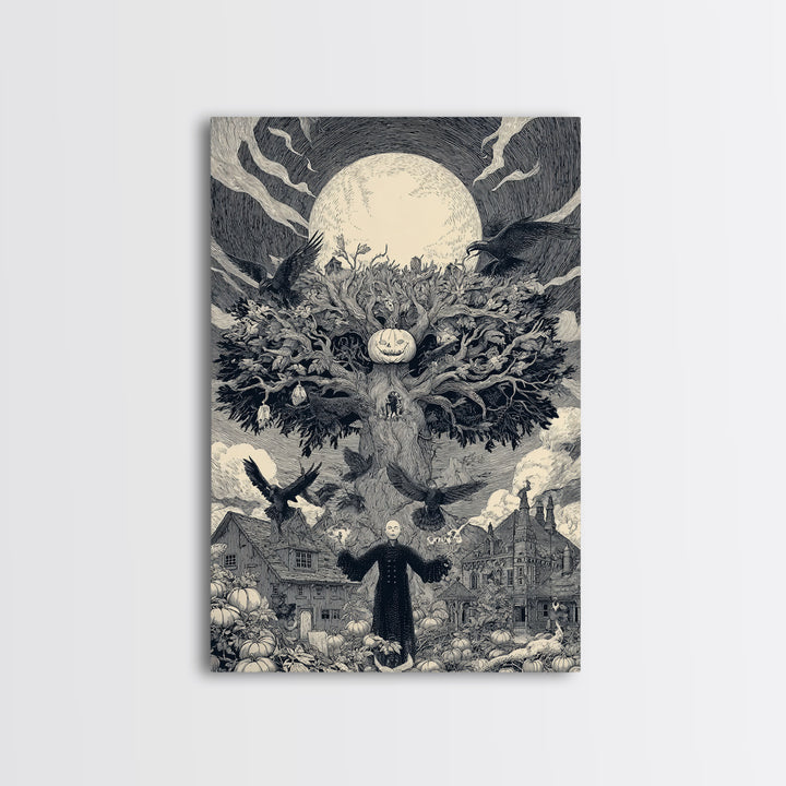 The Pumpkin Patch Maze, Victorian Macabre Art, Vertical Wall Art, Dark Halloween Decor, Framed Canvas Print, Halloween Wall Art