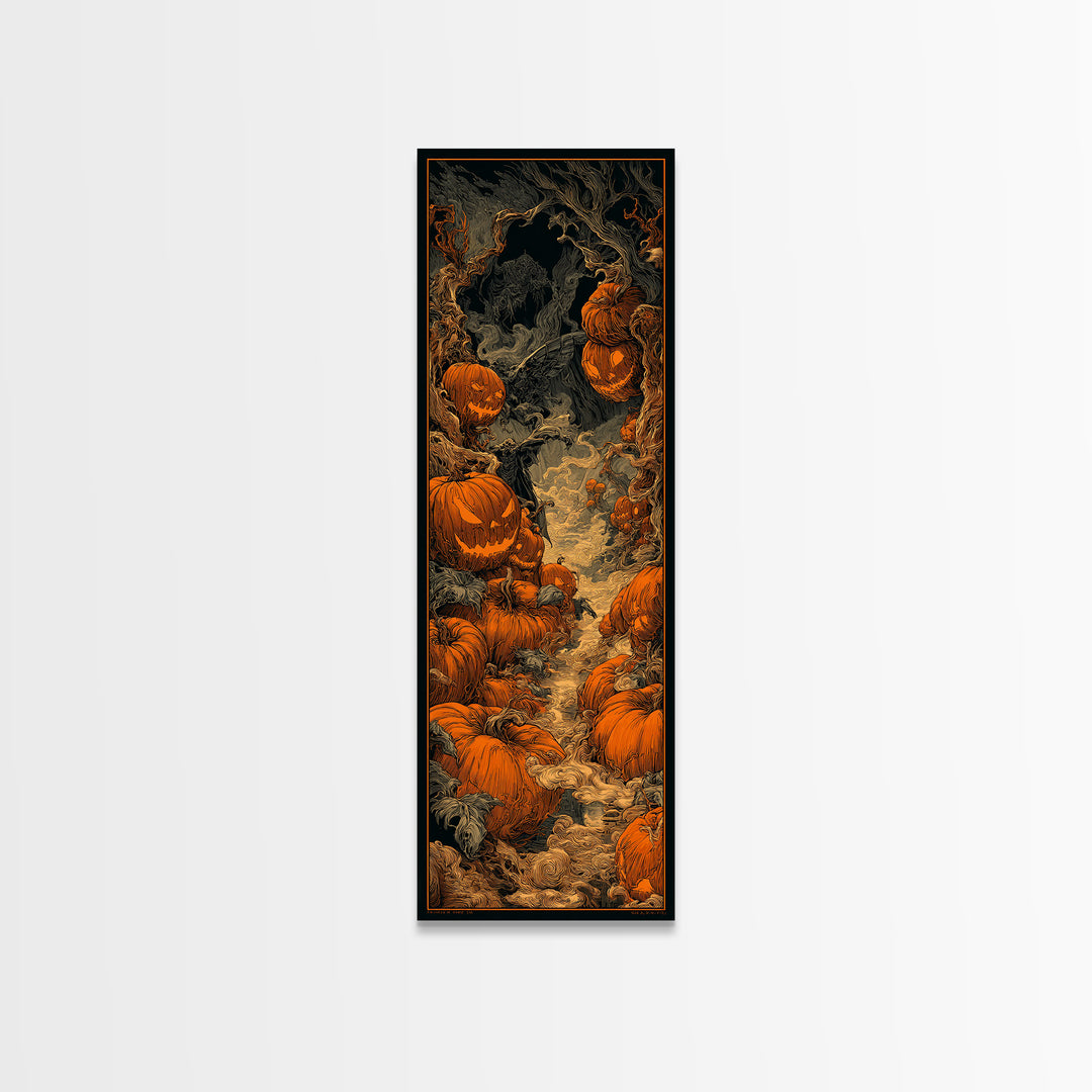 The Pumpkin Patch Maze, Biomechanical Horror Art, Tall Narrow Wall Art, Dark Halloween Decor, Framed Canvas Print, Halloween Wall Art