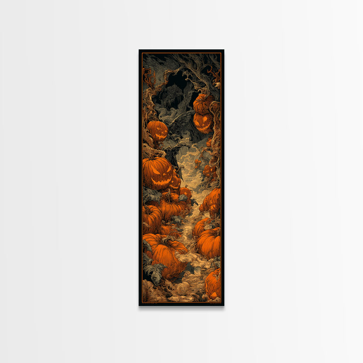 The Pumpkin Patch Maze, Biomechanical Horror Art, Tall Narrow Wall Art, Dark Halloween Decor, Framed Canvas Print, Halloween Wall Art