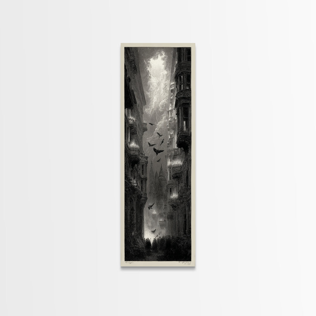 The Haunted Hotel, Gothic Engraving Art, Tall Narrow Wall Art, Dark Halloween Decor, Canvas Print, Halloween Wall Art, Macabre Wall Art