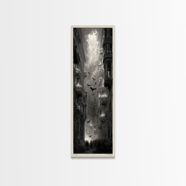 The Haunted Hotel, Gothic Engraving Art, Tall Narrow Wall Art, Dark Halloween Decor, Canvas Print, Halloween Wall Art, Macabre Wall Art
