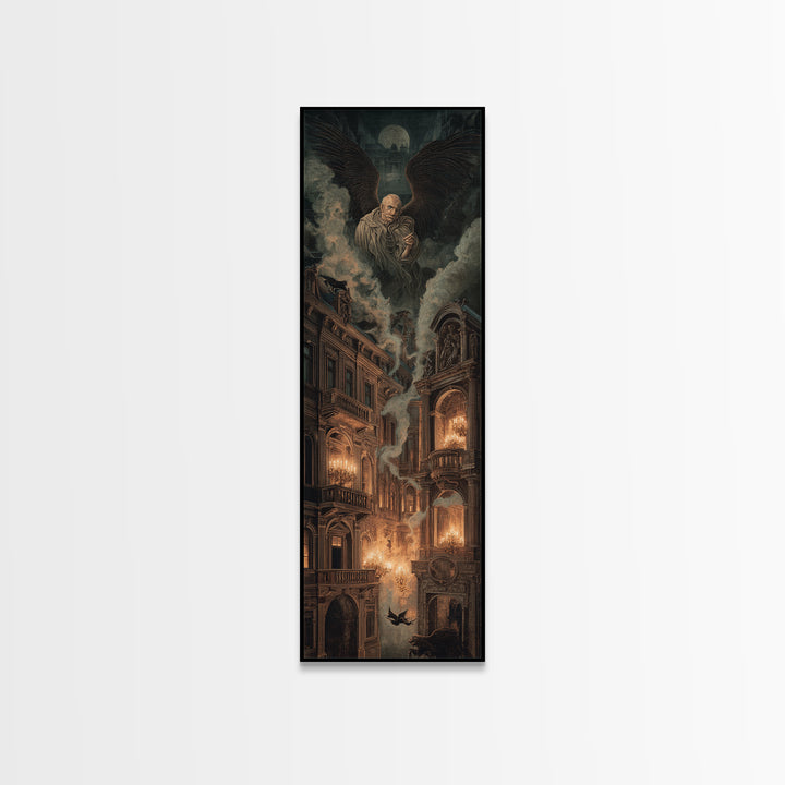 The Haunted Hotel, Visionary Gothic Art, Tall Narrow Wall Art, Dark Halloween Decor, Framed Canvas Print, Halloween Wall Art