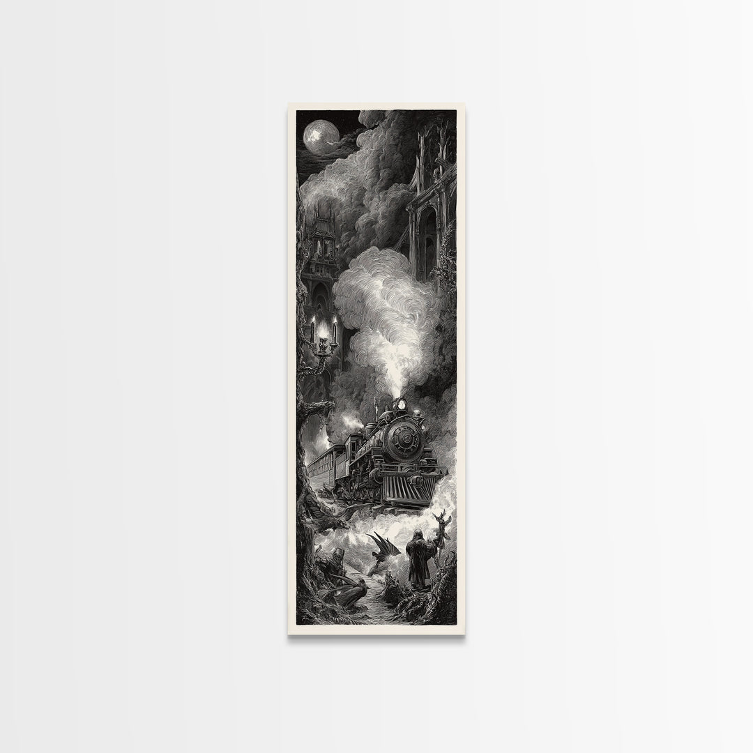 The Abandoned Train Station, Gothic Engraving Art, Tall Narrow Wall Art, Dark Halloween Decor, Canvas Print, Halloween Wall Art